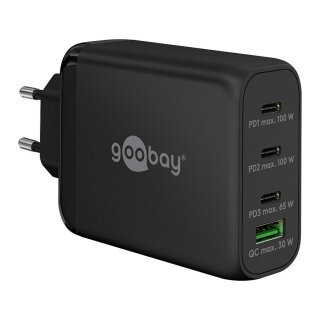 Goobay USB-C PD Multiport-Schnellladegert 100 Watt (schwarz, 1x USB-A QC, 3x USB-C PD, GaN-Technologie)