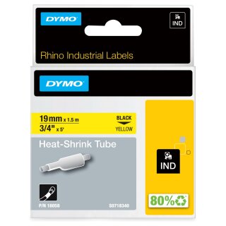 Dymo Rhino IND ORIGINAL Heischrumpfschlauch 19mm x 1,5m, schwarz auf gelb, Etiketten- Schrumpfschlauch (fr Durchmesser 4,64-8,7 mm, 18058)