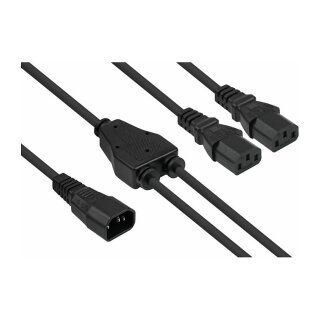 Y-Kaltgeräteverlängerung Kaltgeräte-Stecker C14 an 2x Kaltgeräte-Buchse C13, schwarz, 2m