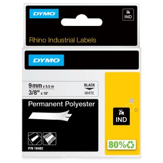 Dymo Rhino IND ORIGINAL Schriftband Polyester 9mm x 5,5m, schwarz auf wei (permanent klebend, 18482)