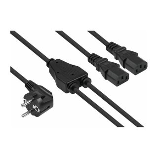 Y-Netzkabel Schutzkontakt-Stecker Typ E+F (CEE 7/7, gewinkelt) an 2x Buchse C13, schwarz, 2m
