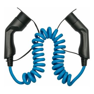Typ 2 Ladekabel für Elektro- und Hybridfahrzeuge, 3-phasig, 16 A, 11 kW, Spiralkabel, blau, 5m