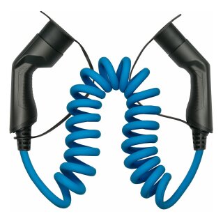 Typ 2 Ladekabel für Elektro- und Hybridfahrzeuge, 3-phasig, 32 A, 22 kW, Spiralkabel, blau, 5m