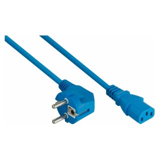 Netzkabel Schutzkontakt-Stecker Typ E+F (90° gew.) an Kaltgeräte-Buchse C13, blau, 1,00mm², 5m