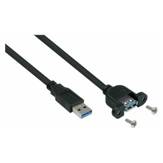 Einbau-Verlängerungskabel USB 3.0 Stecker A an Einbaubuchse A, Premium, DATA AWG28 / Power AWG24, UL, KUPFER, schwarz, 3m