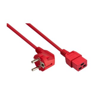 Netzkabel Schutzkontakt-Stecker Typ E+F (90° gew.) an Kaltgeräte-Buchse C19, rot, 1,00mm², 1,8m