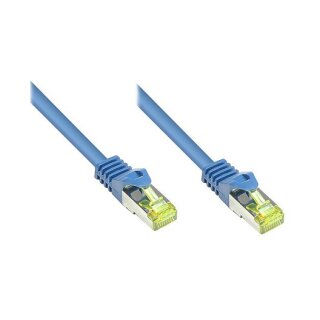 Connections RJ45 Patchkabel mit Cat. 7 Rohkabel und Rastnasenschutz, S/FTP, PiMF, halogenfrei, 500MHz, OFC, blau, 30m