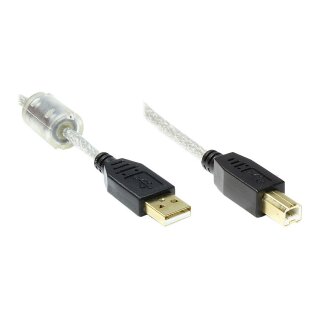 Connections Anschlusskabel USB 2.0 Stecker A an Stecker B, High Quality mit Ferritkern und Goldkontakten, transparent, 3m