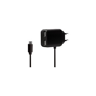 USB-A charger, 10.5 W, 3-port, 2x USB-A, 1x Micro-USB cable, black