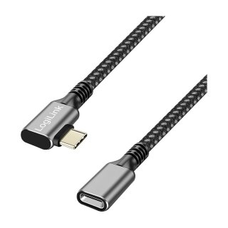 USB 3.2 Gen1 Type-C cable, C/M 90° to C/F, 5 Gbps,100W,nylon,alu,black/grey,2 m