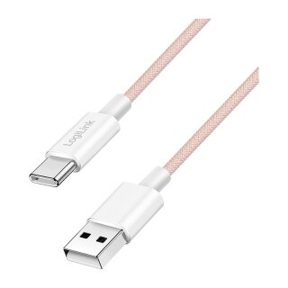 Logilink USB 2.0 Type-C cable, A/M to C/M, 480 Mbps, 60W, nylon, pink, 1.5 m