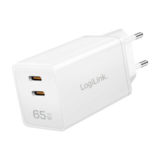 Logilink USB-C charger, 65 W, GaN, 2-port, 2x USB-C (PD 3.0/QC 4.0), White