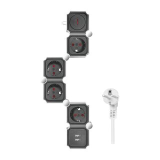 Outlet Strip, 4 safety sockets, snake-shaped, 2x USB-A, white/black