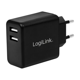 USB-A charger, 12 W, 2-port, 2x USB-A, Black