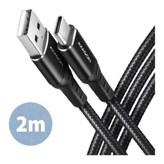AXAGON BUCM-AM20AB USB-C zu USB-A Kabel, 2 m, USB 2.0, 3A, geflochten - schwarz