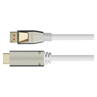 Series Anschlusskabel DisplayPort 1.4 an HDMI 2.0, 4K / UHD @60Hz, Vollmetallstecker, vergoldete Kontakte, OFC, Nylongeflecht weiß, 1m