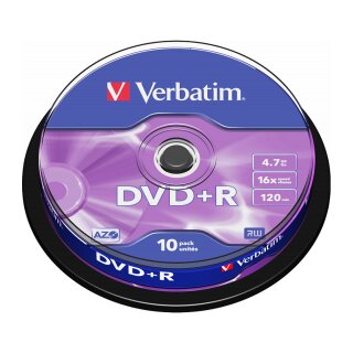 1x10 Verbatim DVD+R 4,7GB 16x Speed, matt silver Cakebox