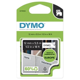 Dymo D1 ORIGINAL Hochleistungs-Schriftband Polyester, schwarz auf wei, 12mm x 5,5m (schwarz, S0718060)