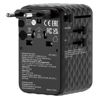 Verbatim Charge n Travel 100W GaN III Universal Travel Adapter with Retractable USB-C Cable, 2 x USB-C, 2 x USB-A ports Schwarz